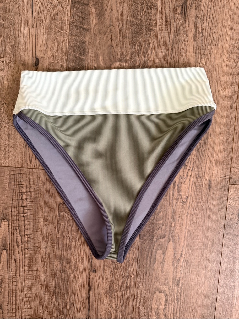 Beach Riot Olive Ribbed High-Waist Bikini Bottom with light blue-ish Waistband